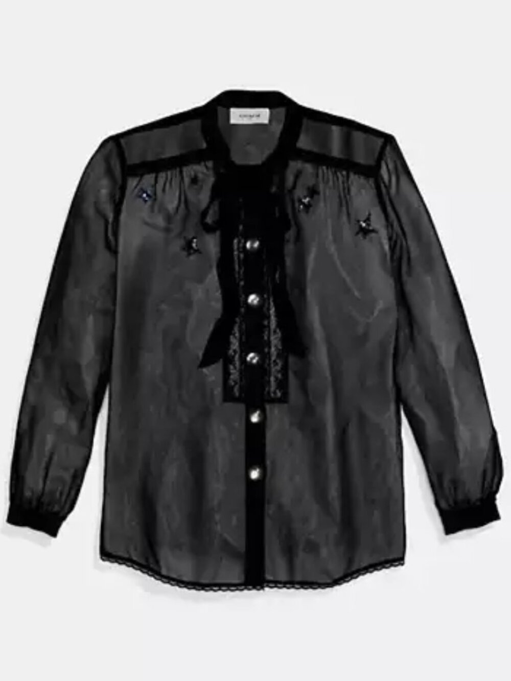 NWT $395 COACH TIE NECK BLOUSE LACE TRIM SEQUIN DETAIL in BLACK 4 PARTY COCKTAIL